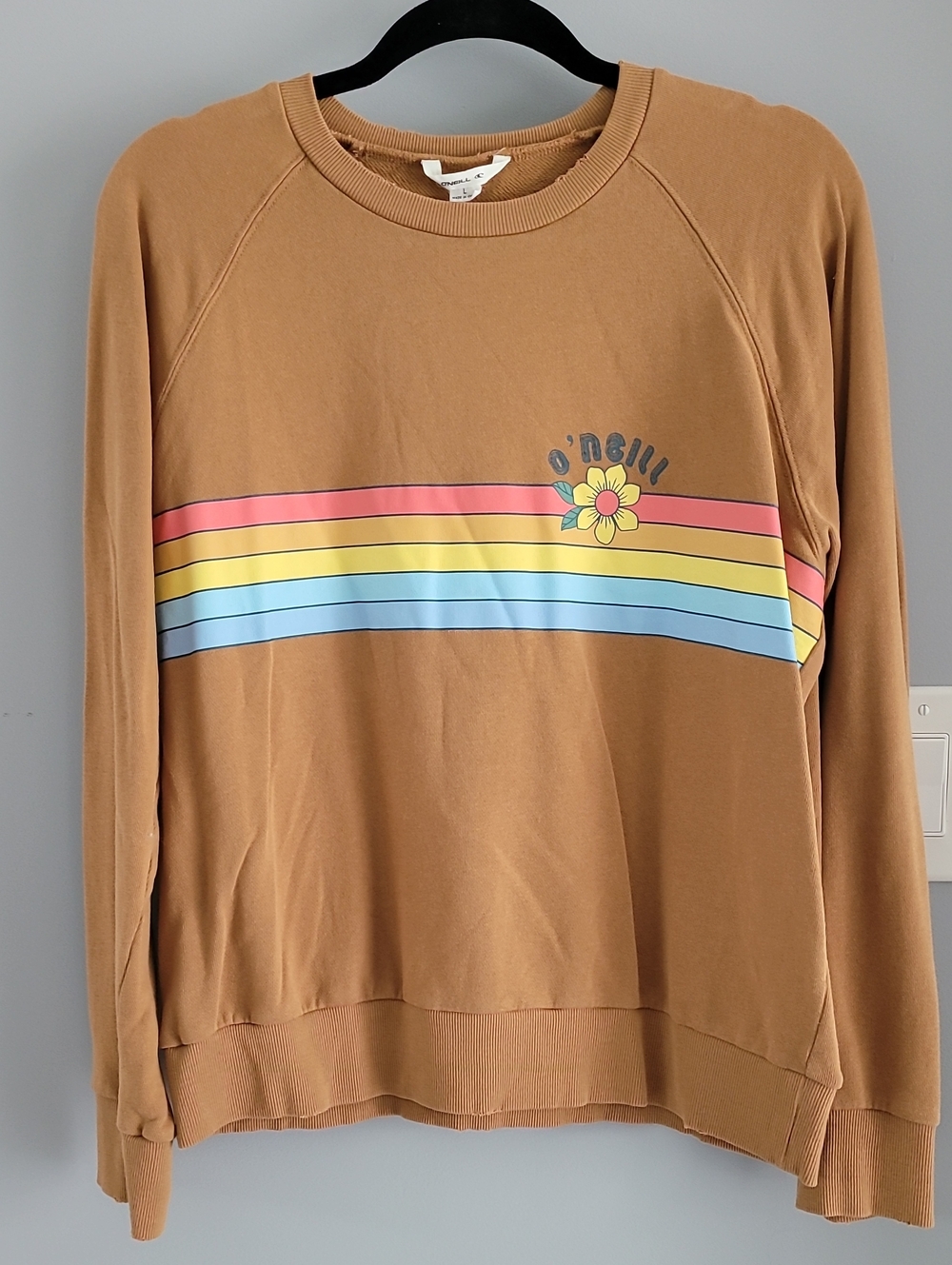 O'Neill Tan Crewneck Sweatshirt with Retro Rainbow Stripes